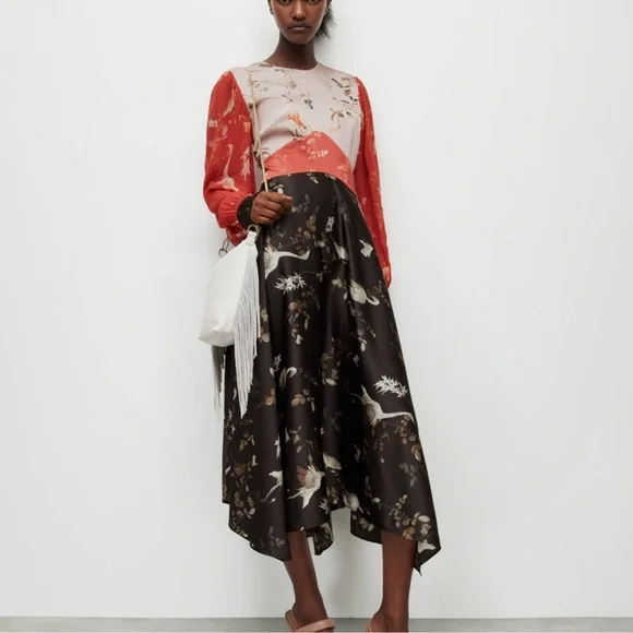 AllSaints Norah Fabia Long Sleeve Handkerchief Hem Midi Dress - Picture 1 of 9